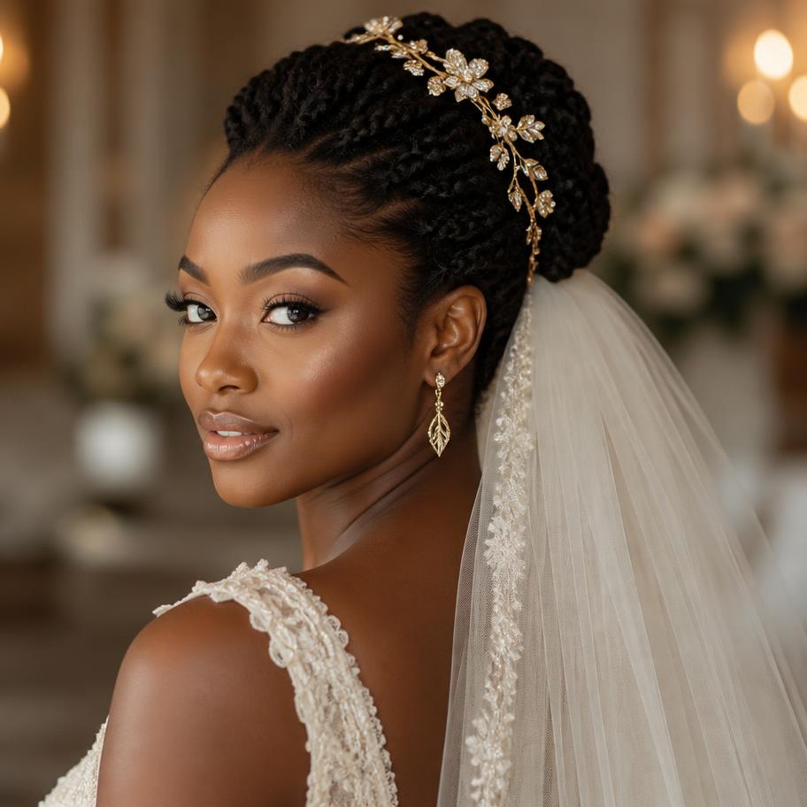 Bridal braided updo with gold hair jewellery